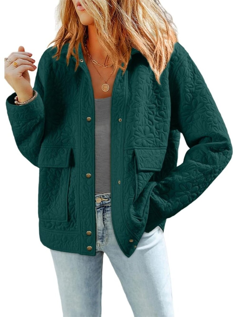 〽️Women Green Casual Warm Winter Long Sleeve Jacquard Turn Down Collared Shacket